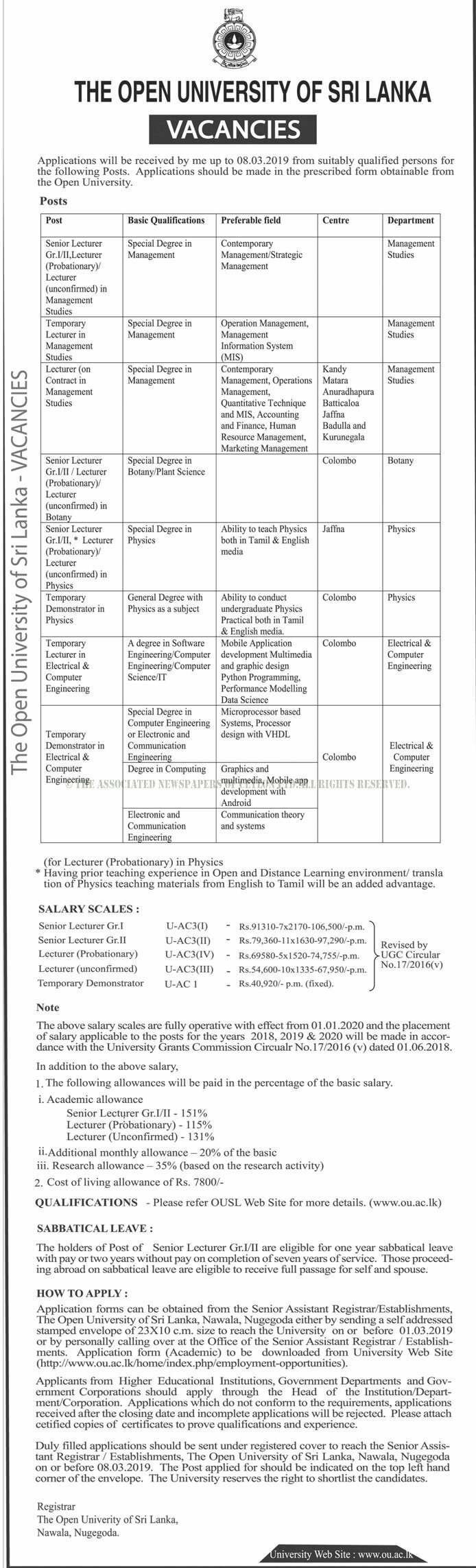 Senior Lecturer, Lecturer, Temporary Demonstrator, Temporary Lecturer - The Open University of Sri Lanka